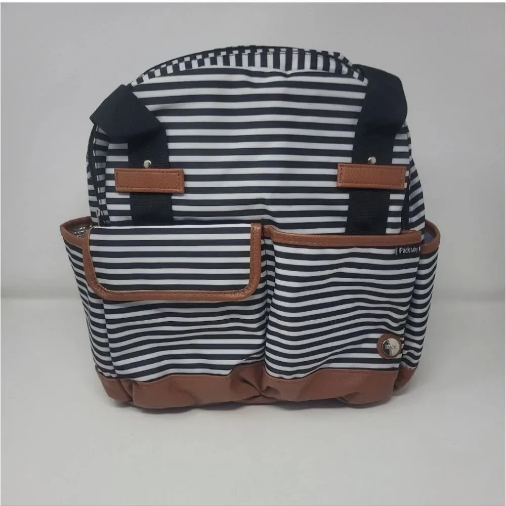 iPack baby bowling diaper bag backpack black white striped faux vegan leather